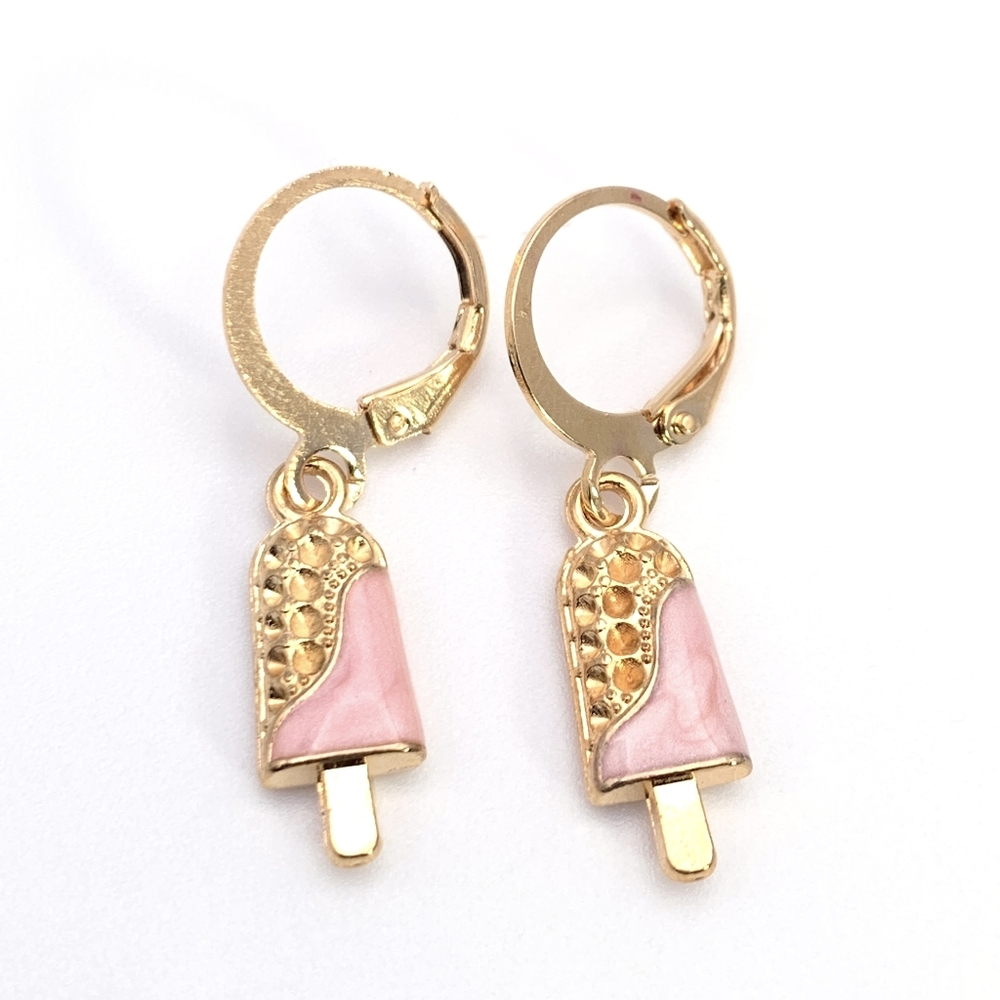 Gold and Pink Swirl Ice Cream Popsicle Dangle Huggies Hoops Earrings